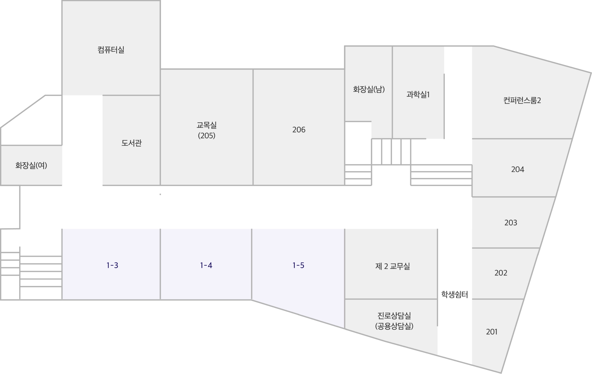 2층의 도면 이미지. 왼쪽에는 여자화장실 1개가 있다. 중앙에는 도서관, 일반 교실 2개, 1학년 3반, 1학년 4반, 1학년 5반, 남자 화장실, 락커룸 남, 녀 각 1개가 있다. 오른쪽에는 컨퍼런스룸 1개, 동아리실 4개가 있다.