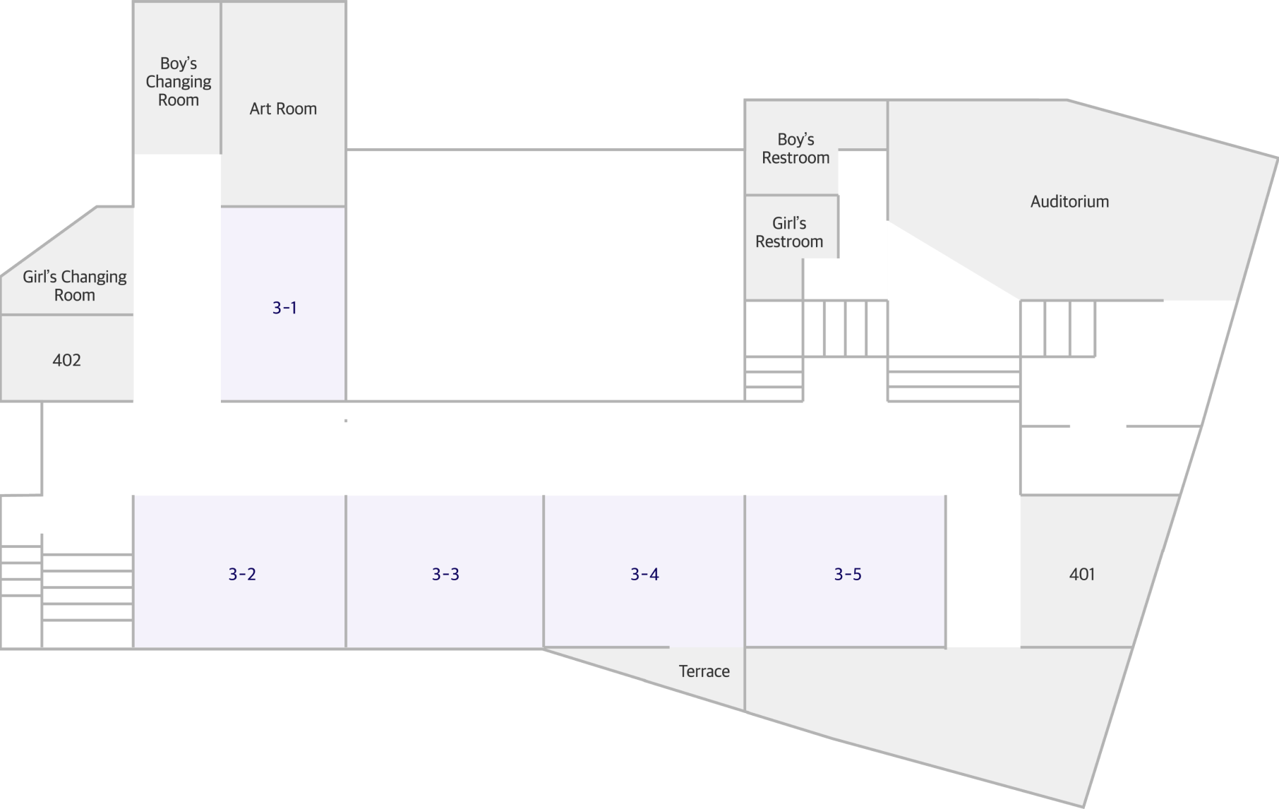 4층의 도면 이미지. 왼쪽에는 락카룸(여) 두개, 락커룸(남) 1개, 미술가정실, 3학년 3반이 있다. 중앙에는 3학년 2, 3, 4, 5반, 테라스가 있다. 오른쪽에는 와장실 남, 녀 각 1개, 오디토리운, 수준별 학습실 2개가 있다.